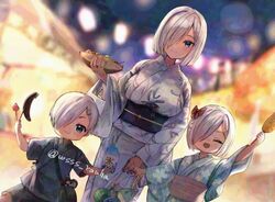  1boy 2girls blue_eyes blurry blurry_background breasts commentary_request corn corn_cob floral_print_kimono food grey_hair grey_kimono hair_ornament hair_over_one_eye hairclip hamakaze_(yukata_mode)_(kancolle) holding holding_food holding_hands if_they_mated ikayaki japanese_clothes kantai_collection kimono large_breasts looking_at_viewer multiple_girls night night_sky obi outdoors sash short_hair sky smile summer_festival twitter_username wss_(nicoseiga19993411) yukata 