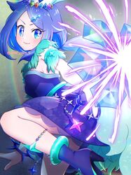  1girl :d amedamaneko blue_dress blue_eyes blue_hair blush crown crystal crystal_earrings defensive_wall dress earrings gem hair_ornament high_heels highres jewelry liko_(pokemon) long_hair magical_girl open_mouth pokemon pokemon_(anime) pokemon_horizons precure smile solo sparkling_eyes strapless strapless_dress unofficial_precure_costume yellow_pupils 