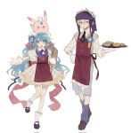  1boy 1girl animal_on_head apron bacheally black_footwear blue_eyes blue_flower blue_hair blush bow bowtie closed_mouth collared_shirt dress flower food frilled_dress frills full_body gloves grey_hair hair_between_eyes hair_flower hair_ornament hand_on_own_hip hat head_scarf high_collar highres holding holding_tray long_hair looking_at_viewer loose_socks mary_janes merc_storia necktie on_head open_mouth pants plaid plaid_dress puffy_short_sleeves puffy_sleeves purple_bow rabbit rabbit_on_head red_apron red_dress ribbon shirt shoes short_hair short_sleeves simple_background sketch sleeves_rolled_up smile socks standing standing_on_one_leg tray twintails very_long_hair white_background white_dress white_gloves white_hair white_shirt white_socks 