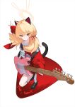  1girl absurdres animal_ears black_footwear blonde_hair blue_archive cat_ears cat_tail closed_mouth dutch_angle electric_guitar english_text from_above guitar hair_ribbon halo highres holding holding_guitar holding_instrument instrument jacket kemonomimi_mode light_frown loafers looking_at_viewer low_twintails medium_hair nail_polish nikki_l official_alternate_costume pink_skirt pleated_skirt print_shirt red_jacket red_nails red_ribbon ribbon shirt shoes skirt socks solo standing standing_on_one_leg t-shirt tail twintails v-shaped_eyebrows white_socks yellow_eyes yoshimi_(band)_(blue_archive) yoshimi_(blue_archive) 