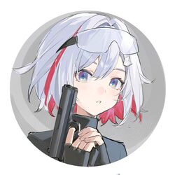  1girl black_suit blue_eyes blush colored_inner_hair diamond-shaped_pupils diamond_(shape) finger_on_trigger fingerless_gloves gloves goggles goggles_on_head gun hair_between_eyes hair_ornament highres holding holding_gun holding_weapon honkai:_star_rail honkai_(series) looking_at_viewer mecroty medium_hair multicolored_eyes multicolored_hair parted_lips portrait redhead simple_background suit symbol-shaped_pupils topaz_(honkai:_star_rail) weapon white_hair 