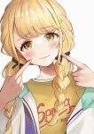 1girl absurdres blonde_hair blush braid commentary_request fingers_to_cheeks fujita_kotone gakuen_idolmaster hair_ribbon head_tilt highres idolmaster jacket kettletoku light_smile looking_at_viewer multicolored_clothes multicolored_jacket ribbon shirt simple_background solo twin_braids upper_body white_background yellow_eyes yellow_shirt 