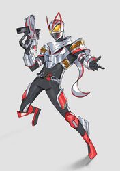  1boy absurdres animal_ears armor black_bodysuit bodysuit boost_buckle desire_driver driver_(kamen_rider) exhaust_pipe fox fox_ears fox_mask geats_buster_qb9 gloves glowing glowing_eyes highres holding holding_weapon kamen_rider kamen_rider_geats kamen_rider_geats_(series) kitsune magnum_boost magnum_buckle magnum_shooter_40x male_focus maniaxpunk mask orange_armor raise_buckle scarf solo tokusatsu weapon white_armor yellow_eyes 