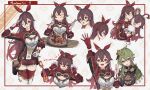 2girls :d :t ;d a-tora amber_(genshin_impact) arm_up baron_bunny_(genshin_impact) bow bow_hairband bridal_gauntlets brown_eyes brown_hair brown_shorts character_name closed_eyes collei_(genshin_impact) eating facing_viewer floating_hair fork genshin_impact gloves green_hair hair_between_eyes hair_bow hairband hand_on_own_hip highres holding holding_fork long_hair looking_at_viewer multiple_girls multiple_views one_eye_closed red_bow red_gloves red_hairband red_thighhighs short_shorts shorts smile thigh-highs two-tone_gloves very_long_hair violet_eyes white_gloves 