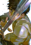  1boy armor black_hair blue_eyes crying dark-skinned_male dark_skin dungeon_meshi highres holding holding_sword holding_weapon kabru lccc long_sleeves male_focus pauldrons short_hair shoulder_armor simple_background single_pauldron solo sword weapon white_background 