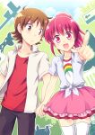  1boy 1girl aino_megumi brown_eyes brown_hair couple happinesscharge_precure! hetero highres holding_hands kousetsu looking_at_another looking_to_the_side open_mouth pink_eyes pointing pointing_at_viewer ponytail precure sagara_seiji shirt short_hair short_sleeves skirt smile thigh-highs tied_shirt 