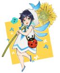  1boy :d aqua_eyes aqua_hair bag barbatos_(genshin_impact) barbatos_(genshin_impact)_(cosplay) black_hair blue_footwear blue_wings blush braid commentary cosplay dandelion dress flower genshin_impact gradient_hair hair_between_eyes highres holding holding_flower hood hood_up hooded_dress ladybug_bag looking_at_viewer male_focus medium_hair mini_person miniboy misoshiru_umai4 multicolored_hair musical_note open_mouth outline parted_bangs red_bag shoes shoulder_bag side_braids simple_background sleeveless sleeveless_dress smile solo speech_bubble spoken_musical_note swept_bangs symbol-only_commentary teeth twin_braids upper_teeth_only venti_(genshin_impact) white_background white_dress white_outline wings yellow_background yellow_flower 