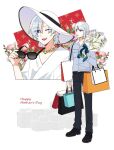  1boy 1girl bag blue_eyes bob_cut earrings ezalia_joule flower gundam gundam_seed gundam_seed_freedom happy_mother&#039;s_day hat jewelry mother&#039;s_day mother_and_son necklace one_eye_closed open_mouth pants shirt short_hair smile ss_ii_kk sunglasses white_hair yzak_joule 