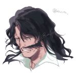  1boy black_hair bleach bleach:_sennen_kessen-hen close-up commentary_request facial_hair highres lips long_hair looking_afar mustache nose old old_man ovasayuri parted_bangs parted_lips simple_background solo translation_request twitter_username white_background yhwach 