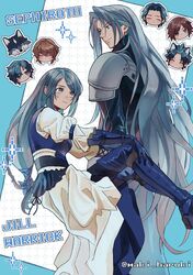  1girl 6+boys angeal_hewley animal_ears armor black_coat black_hair black_pants blue_eyes blue_footwear blue_gloves blue_ribbon blue_vest boots braid breasts brothers brown_hair character_name chibi chibi_inset clive_rosfield closed_eyes coat crisis_core_final_fantasy_vii crossover dog dog_boy dog_ears facial_hair feet_out_of_frame final_fantasy final_fantasy_vii final_fantasy_xvi furrowed_brow genesis_rhapsodos gloves grey_hair hair_ribbon hand_on_own_knee highres jill_warrick joshua_rosfield long_bangs long_coat long_hair long_skirt long_sleeves looking_at_another low-tied_long_hair maki_haruki medium_breasts medium_hair multiple_boys pants parted_bangs puffy_long_sleeves puffy_sleeves ribbon scar scar_on_cheek scar_on_face sephiroth shirt shoulder_armor siblings side_braid single_braid skirt sparkle spiky_hair stubble sweatdrop swept_bangs thigh_boots torgal_(ff16) twitter_username very_long_hair vest white_shirt white_skirt wolf zack_fair 