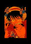  1boy animal black_eyes black_hair clenched_teeth commentary_request english_text fish hat highres holding larugo0513 looking_at_viewer male_focus monkey_d._luffy one_piece open_clothes scar scar_on_cheek scar_on_face short_hair solo straw_hat teeth 