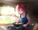  1girl absurdres apron black_ribbon blue_apron blue_eyes blunt_bangs butterfly_hair_ornament commentary_request cooking cooking_pot food go-toubun_no_hanayome hair_ornament hair_ribbon highres holding holding_spoon indoors nakano_nino pink_hair qise_zhijing ribbon shirt short_hair short_sleeves signature smile solo spoon stove white_shirt wooden_spoon 