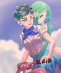  2girls absurdres aimizindesse bicycle blue_eyes blue_skirt blue_sky braid brown_hair closed_eyes clouds colored_skin diantha_(pokemon) gardevoir green_hair highres multicolored_skin multiple_girls one_eye_closed pokemon pokemon_xy riding riding_bicycle skirt sky smile two-tone_skin white_skin 