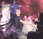  1girl black_hair dress flower flower_on_head highres instrument kyuu_umi long_hair looking_at_viewer music playing_instrument playing_piano puffy_short_sleeves puffy_sleeves purple_dress red_background red_eyes short_sleeves sitting smile solo touhou unfinished_dream_of_all_living_ghost yomotsu_hisami 