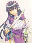  1girl ayra_(fire_emblem) ayra_(tea_party)_(fire_emblem) black_hair chika_1 commentary_request fire_emblem fire_emblem:_genealogy_of_the_holy_war fire_emblem_heroes frilled_sleeves frills hair_between_eyes holding holding_sword holding_weapon long_hair official_alternate_costume puffy_short_sleeves puffy_sleeves short_sleeves simple_background solo standing sword violet_eyes weapon white_background 