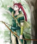  1boy archery arrow_(projectile) bow_(weapon) cape chinon0420 fire_emblem fire_emblem:_path_of_radiance fire_emblem:_radiant_dawn green_eyes high_collar high_ponytail highres looking_at_viewer male_focus quiver redhead shinon_(fire_emblem) solo upper_body weapon 