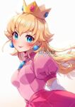  1girl arms_behind_back artist_name blonde_hair blue_eyes blush breasts chest_jewel closed_mouth crown dress earrings elbow_gloves gloves jewelry long_hair looking_at_viewer medium_breasts mini_crown neko-rina pink_dress princess_peach puffy_short_sleeves puffy_sleeves short_sleeves smile solo super_mario_bros. upper_body watermark white_background white_gloves 
