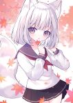  1girl absurdres animal_ear_fluff animal_ears autumn_leaves fox_ears fox_girl fox_tail future_c0v0c highres holding holding_leaf leaf long_sleeves maple_leaf neckerchief original parted_lips pleated_skirt school_uniform serafuku short_hair skirt solo tail violet_eyes white_hair 