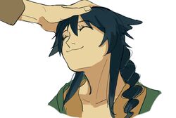  1girl 1other animal_ears black_hair braid braided_ponytail chin closed_eyes copyright_request doya eyelashes happy highres jacket long_hair nail neck nostrils orange_jacket petting raging_loop serizawa_chiemi tagme white_background 