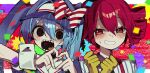  2girls black_eyes blue_hair blue_hat bow clenched_hands confetti drill_hair empty_eyes gloves hair_bow hands_up hat hatsune_miku heart heart_hands hidaka_yuuno kasane_teto long_hair looking_at_viewer mesmerizer_(vocaloid) multiple_girls open_mouth pink_eyes pink_hair scared sharp_teeth shirt smile static striped_bow striped_clothes striped_shirt sweat teeth tongue tongue_out twin_drills twintails upper_body utau very_long_hair visor_cap vocaloid wrist_cuffs yellow_gloves 