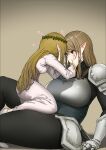  2girls absurdres armor black_bodysuit blonde_hair blue_eyes blush bodysuit breastplate breasts commentary corset crown dress ear_blush elf eye_contact face-to-face flying_sweatdrops gauntlets hand_on_another&#039;s_face hand_on_floor heart highres knight large_breasts light_brown_hair long_hair looking_at_another multiple_girls on_person open_mouth original pauldrons pelvic_curtain pointy_ears pout princess shoulder_armor sidelocks sitting size_difference small_breasts sweatdrop swept_bangs thick_thighs thighs uru_(uru0000) very_long_hair white_dress yuri 