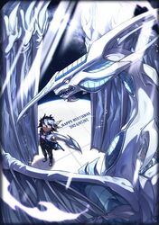  1boy black_hair black_shirt blonde_hair blue_jacket colored_skin dated dragon fudo_yusei hands_in_pockets happy_birthday highres jacket kisuzu_th319 light looking_up medium_hair multicolored_hair sharp_teeth shirt smile spiky_hair stardust_dragon teeth two-tone_hair white_skin yellow_eyes yu-gi-oh! yu-gi-oh!_5d's 