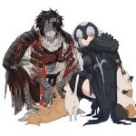  1boy 1girl armor bandage_over_one_eye bandaged_head bandages barefoot black_armor black_bandages black_hair black_thighhighs calico cape cat chiemon_(fate) fate/samurai_remnant fate_(series) fur-trimmed_cape fur_trim headpiece highres japanese_armor jeanne_d&#039;arc_alter_(lancer)_(fate) multiple_scars plackart ruda_(ruda_0616_tfj) scar shoulder_armor sode squatting sweat tabby_cat thigh-highs torn_cape torn_clothes white_background white_cat white_hair yellow_eyes 