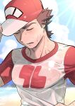  1boy artist_name beach brown_hair closed_eyes clouds cloudy_sky day harayan hat male_focus muscular muscular_male nipples ocean outdoors pectorals pokemon pokemon_sm red_(pokemon) red_hat red_shirt see-through see-through_shirt shirt short_hair short_sleeves sky solo sweat two-tone_hat two-tone_shirt upper_body wet wet_clothes wet_shirt white_hat white_shirt 