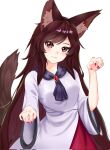  1girl animal_ears blush brown_eyes brown_hair closed_mouth dress fingernails highres imaizumi_kagerou long_fingernails long_hair looking_at_viewer qi_lang3568 red_nails simple_background solo tail touhou white_background white_dress wolf_ears wolf_girl wolf_tail 