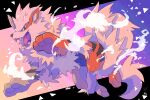  45_(maruyaki45) absurdres animal_focus arcanine black_eyes black_fur commentary_request fangs full_body gradient_background happy highres looking_at_viewer multicolored_fur no_humans orange_fur pokemon pokemon_(creature) solo striped_fur 