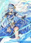  1girl armor armored_dress azura_(fire_emblem) azura_(song&#039;s_reflection)_(fire_emblem) black_gloves blue_hair commentary_request dress fingerless_gloves fire_emblem fire_emblem_fates fire_emblem_heroes floating_hair gloves hair_between_eyes hand_on_own_chest highres hydrokinesis jewelry kakiko210 long_hair long_sleeves necklace official_alternate_costume open_mouth smile solo veil very_long_hair water yellow_eyes 