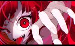  1girl artist_name close-up crazy_eyes fangs fingernails goma_irasuto highres long_hair looking_at_viewer open_mouth original red_eyes red_theme redhead signature solo tongue tongue_out upper_body very_long_hair 