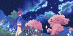  1girl blue_flower blue_sky building character_request cherry_blossoms clouds cloudy_sky flower grass lamp looking_afar moonlight night night_sky pink_flower pixel_art plant scenery sky solo star_(sky) starry_sky tomoruka_mr tree wuthering_waves 