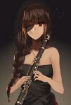  1girl black_dress braid brown_eyes brown_hair clarinet closed_mouth dress eyepatch girls_frontline highres holding holding_instrument instrument long_hair looking_at_viewer m16a1_(girls&#039;_frontline) mole mole_under_eye multicolored_hair scar simple_background smile solo strapless strapless_dress xanax025 