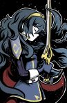  1girl armor black_background blue_cape blue_gloves blue_hair cape closed_eyes closed_mouth english_commentary falchion_(fire_emblem) fire_emblem fire_emblem_awakening floating_hair from_side gloves highres holding holding_sword holding_weapon johncaden long_hair lucina_(fire_emblem) red_cape shoulder_armor solo sword tiara two-tone_cape very_long_hair weapon 
