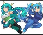  2girls bare_shoulders belt black_footwear blue_dragon_(kemono_friends) blue_eyes blue_gloves blue_hair blue_jacket blue_necktie blue_pantyhose blue_shirt blue_skirt blue_socks blue_thighhighs blush boots cherry_blossoms collared_shirt dragon_ears dragon_girl dragon_horns dragon_tail extra_ears fang fingerless_gloves fishnet_gloves fishnet_thighhighs fishnets frilled_gloves frilled_skirt frilled_socks frilled_thighhighs frills garter_straps gloves green_belt hair_between_eyes horns jacket japari_symbol kemono_friends loafers long_hair long_sleeves multiple_girls necktie open_mouth pantyhose pleated_skirt rinx seiryuu_(kemono_friends) shirt shoes sidelocks skirt sleeveless smile socks tail thigh-highs twintails two-tone_skirt white_footwear white_necktie 
