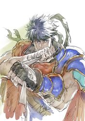  1boy armor bandaged_hand bandages blue_eyes blue_hair cape clenched_hands commentary fingerless_gloves fire_emblem fire_emblem:_radiant_dawn gloves green_headband headband highres ike_(fire_emblem) male_focus muscular muscular_male pauldrons red_cape shoulder_armor single_pauldron solo suzuki_rika upper_body 