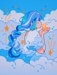  blue_dress blue_hair blue_sky blue_theme braid closed_eyes cloud_print clouds crescent_moon cupping_hands dress highres meyoco moon original own_hands_together puffy_short_sleeves puffy_sleeves short_sleeves single_braid sky sparkle star_(sky) 