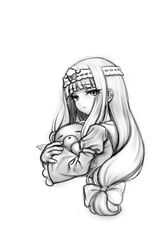  1girl aurora_sya_lis_kaymin bad_id bad_pixiv_id cropped_torso expressionless greyscale headband henkyou_(e-f-frontier.net) highres long_hair looking_at_viewer maou-jou_de_oyasumi monochrome simple_background sketch solo stuffed_animal stuffed_toy teddy_bear upper_body 