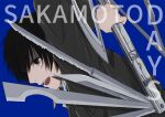  1boy black_hair black_suit collared_shirt copyright_name elaborate_weapon finger_tattoo highres holding holding_weapon looking_at_viewer nagumo_(sakamoto_days) number_tattoo open_mouth rokuen_skd sakamoto_days shirt suit swiss_army_knife tattoo weapon white_shirt 