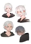  1boy 5altybitter5 aged_down black_robe child clenched_teeth emet-selch final_fantasy final_fantasy_xiv grey_hair highres looking_at_viewer male_focus multiple_views robe short_hair simple_background sophist&#039;s_robe_(ff14) teeth white_background white_hair yellow_eyes 