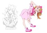  1girl bow drawstring dress gya-tei hair_bow hand_on_own_knee highres hood hood_down hooded_dress inukai_komugi leaning_forward lineart long_hair looking_at_viewer no_socks open_mouth pink_bow pink_dress pink_footwear precure red_eyes salute shoes short_dress short_sleeves simple_background sketch smile solo split_ponytail squatting standing white_background wonderful_precure! 