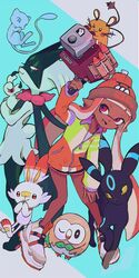  1girl :d alternate_color beanie black_shorts clash_blaster_(splatoon) colored_tongue commentary dark-skinned_female dark_skin dedenne hat holding imaikuy0 inkling inkling_girl inkling_player_character jacket long_hair long_sleeves meowscarada mew_(pokemon) multicolored_clothes multicolored_jacket open_mouth orange_hair orange_hat orange_tongue pokemon pokemon_(creature) red_eyes rowlet scorbunny shiny_pokemon shirt shoes shorts smile splatoon_(series) symbol-only_commentary tentacle_hair umbreon very_long_hair white_footwear white_shirt zipper_pull_tab 