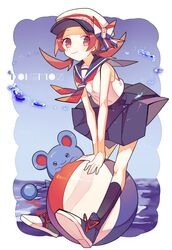  1girl ball beachball black_socks blue_socks border brown_eyes brown_hair eyelashes full_body hat highres looking_at_viewer low_twintails lyra_(pokemon) marill nagatsukiariake neckerchief pokemon pokemon_(creature) pokemon_hgss red_neckerchief sailor sailor_collar shirt sleeveless sleeveless_shirt smile socks solo twintails water_drop white_border white_hat white_shirt 