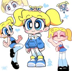  1girl :3 black_footwear blonde_hair blue_dress blue_eyes blue_footwear blue_jacket bubbles_(ppg) closed_eyes dancing dress highres hood hoodie jacket kim_crab powerpuff_girls shoes short_twintails smile standing thigh-highs twintails white_thighhighs 