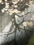  bare_tree branch cherry_blossoms dead_plants eyvzi172xqdkvs7 grass highres no_humans original painting_(medium) reflection reflective_water river traditional_media tree water watercolor_(medium) 