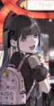  1girl :d absurdres arch ashita_watashi_wa_dareka_no_kanojo backpack bag bendy_straw black_hair black_ribbon blunt_bangs blurry blurry_background can city city_lights drink_can drinking_straw ear_piercing earrings energy_drink hair_ribbon hand_up heart heart_earrings highres holding holding_can jewelry jirai_kei kani_samurai long_hair looking_at_viewer looking_back night open_mouth piercing pink_bag ribbon road sidelocks smile solo street strong_zero takahashi_yua tongue_piercing twintails upper_body violet_eyes 