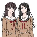  2girls a_jak bang_dream! bang_dream!_it&#039;s_mygo!!!!! black_hair blue_eyes brown_dress brown_hair closed_mouth dress expressionless hanasakigawa_school_uniform korean_commentary long_hair long_sleeves mole mole_under_eye multiple_girls neck_ribbon red_ribbon ribbon sailor_collar school_uniform shiina_taki simple_background upper_body violet_eyes white_background white_sailor_collar yahata_umiri 