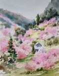  akemisuisai building cherry_blossoms day foliage forest grass highres hill house landscape mountain nature no_humans original painting_(medium) scenery spring_(season) traditional_media tree watercolor_(medium) 