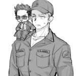  2boys animification avengers:_endgame avengers_(series) baseball_cap buttons chibi closed_mouth coat collared_jacket collared_shirt commentary_request dishing facial_hair greyscale hat jacket korean_commentary lapels long_sleeves looking_to_the_side male_focus marvel marvel_cinematic_universe military_jacket military_uniform monochrome multiple_boys necktie open_clothes open_coat pants pocket shirt shoes short_hair simple_background sitting standing steve_rogers suit sunglasses sweat sweatdrop t-shirt tony_stark uniform v-shaped_eyebrows 